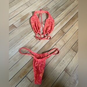 Gonza orange and yellow patterned groovy Revolve bikini swimsuit set